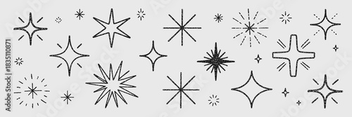A versatile collection of retro abstract sparkle symbols and stars, featuring diverse starburst, glitter, and radiant twinkle shapes drawn in a vintage, distressed doodle style, essential graphic desi