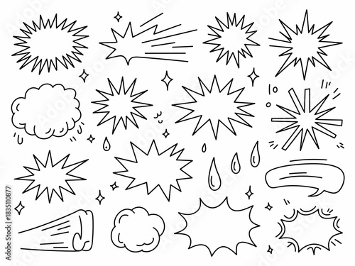 Essential dynamic comic explosion and sound effect bubbles collection featuring bold hand-drawn starburst shapes, speedy action lines, speech clouds, and decorative doodle elements, an ideal vector re
