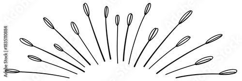 Simple black and white line art botanical illustration depicting delicate hand drawn stylized wildflower seeds or abstract grass reeds bursting upward in a minimalist vector sketch design element for
