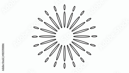 Minimalist radial sunburst vector graphic element illustrating a sudden burst of light, energy, or focus, featuring abstract geometric black outline lines forming a central spotlight circle, perfect f