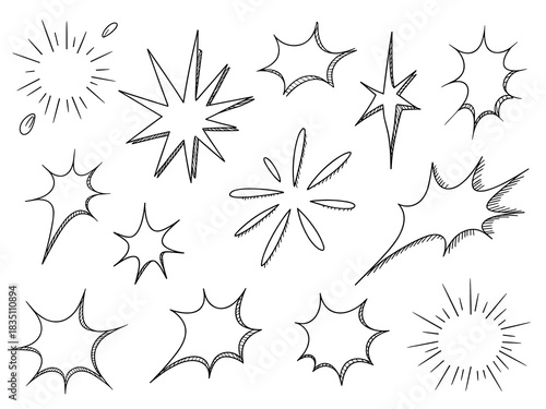 Hand-drawn starburst explosion and comic speech bubble collection, featuring dynamic doodle sketch vector line art elements perfect for emphasizing sudden impact, shock, or surprise in marketing, adve