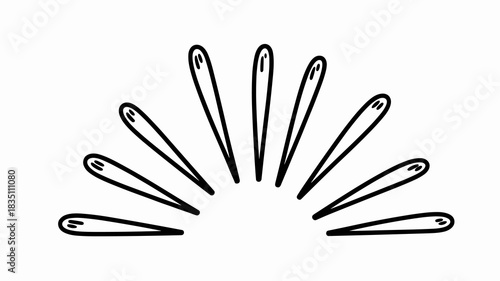 Minimal black and white illustration of sewing needles radiating outwards in a dynamic burst, symbolizing precision craft, detailed tailoring, and DIY creative hobby work; essential graphic resources