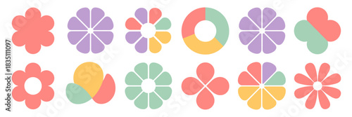 Colorful abstract geometric vector elements set featuring groovy stylized flowers, modular charts, and rounded diagram icons, perfect for modern business infographic data visualization, branding, and