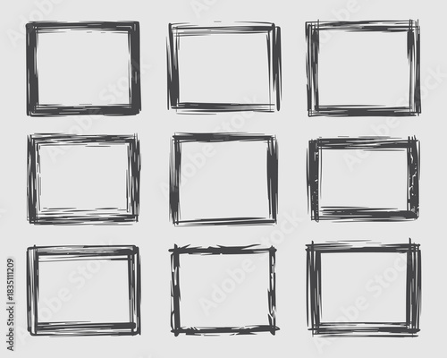 A versatile set of nine unique hand-drawn grunge sketch square and rectangle frames, featuring rough, distressed black scribbled brush borders and messy artistic lines, ideal modern creative graphic d
