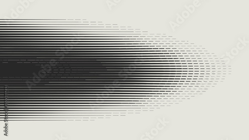 Abstract geometric horizontal speed lines pattern background texture, showing data flow transition, featuring densely packed black stripes fading into a progressive halftone gradient of segmented dash