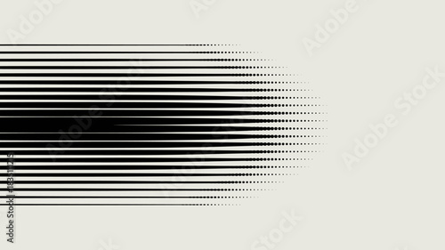 Abstract black horizontal striped lines background fading into a halftone dotted gradient pattern, symbolizing fast speed, digital technology, data transmission, futuristic movement, and quick progres