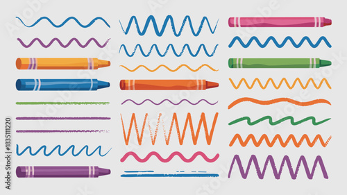A vibrant, seamless collection of educational graphic design resources featuring rough crayon texture and colorful hand-drawn lines, including curved wavy, bold straight, and sharp zigzag scribble div