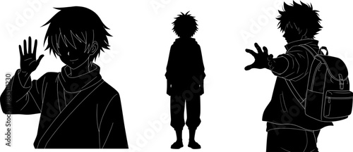 Anime style silhouettes of three young men on white background Keywords: anime, manga, silhouette, black and white, illustration