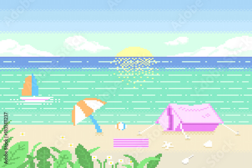 Summer seascape with tent on beach and sailboat on sky background pixel.