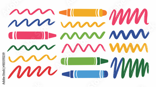 A vibrant collection of colorful drawing crayon tools and rough textured artistic zigzag wavy lines used as dynamic graphic design elements, borders, and creative project resources, ideal for school s