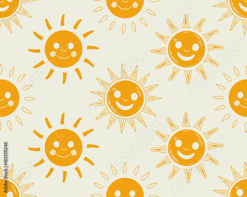 Cheerful bright orange yellow sun seamless pattern background texture featuring happy smiling doodle cartoon faces and decorative retro bohemian rays perfect for kids nursery wallpaper print design, s