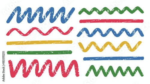 Vibrant set of distressed textured hand-drawn graphic design elements, featuring straight, wavy, and zigzag divider lines and squiggly artistic brush strokes. Grunge-style borders in primary blue, red