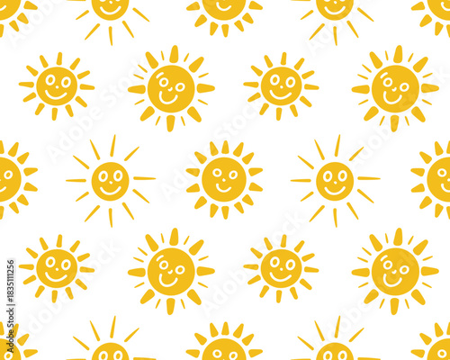 A joyful, whimsical, seamless pattern featuring hand-drawn, happy cartoon sun icons and doodles in bright yellow, creating a cheerful childish background or repeating summer texture for textile design