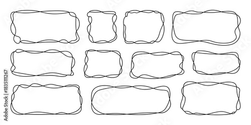 A large set of twelve hand-drawn doodle frames and rectangular shapes with unique wavy black outline borders, vector graphic elements suitable for emphasizing text, quotation callouts, journal scrapbo