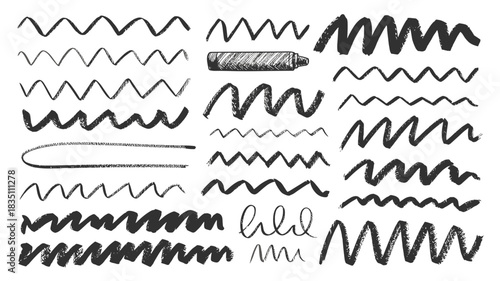 Diverse collection of hand-drawn scribble lines, messy wavy strokes, and rough zigzag marker textures, isolated graphic elements for artistic borders, dividers, emphasis, modern educational design, pr