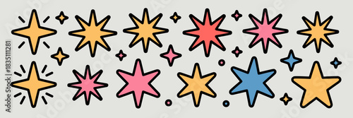 Retro groovy sparkling stars vector illustration set in vibrant yellow, pink, and blue colors with thick black outlines, featuring various burst shapes, doodles, and twinkle elements for trendy social