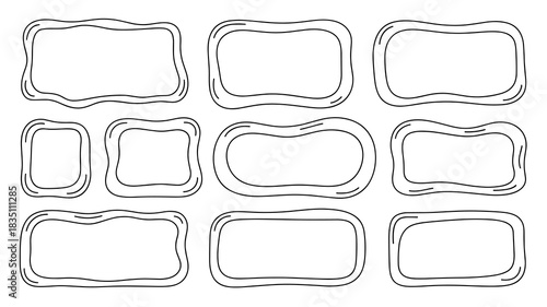 A selection of nine black and white hand-drawn wavy doodle frames and irregular organic rounded bubble shapes, essential minimalist vector graphic elements for aesthetic social media story templates,