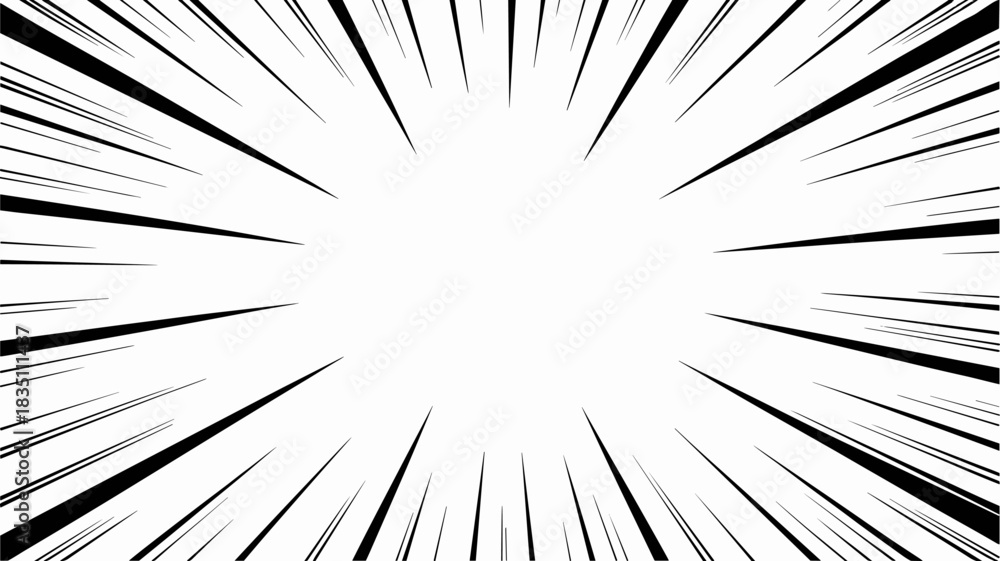Obraz premium Black and white radial speed lines background graphic illustration creating a dynamic comic book and manga motion effect for high-velocity energy bursts and concentrated fast action advertising design