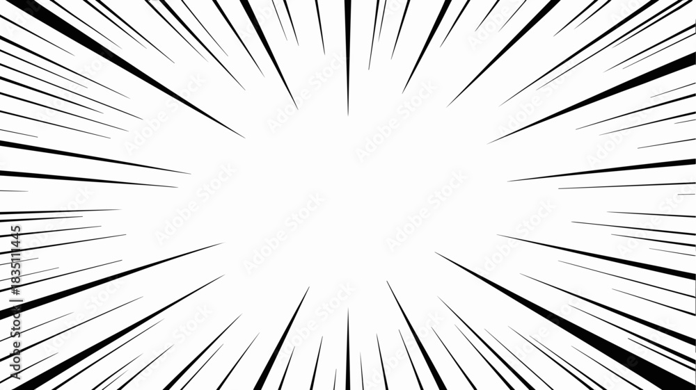 Naklejka premium Dynamic black and white speed lines radiating outward from a central focus point, creating an explosive burst motion effect; designed with a powerful abstract manga and comic book aesthetic, ideal gra