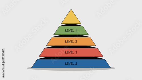 Colorful layered pyramid infographic diagram illustrating organizational hierarchy, business strategy, progress, and fundamental steps in a professional management model presentation; clean, modern, m