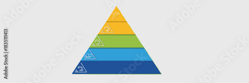 Professional modern five-step colorful pyramid infographic template diagram, depicting sequential stages of business process, strategic planning, goal setting, corporate hierarchy structure, and conti