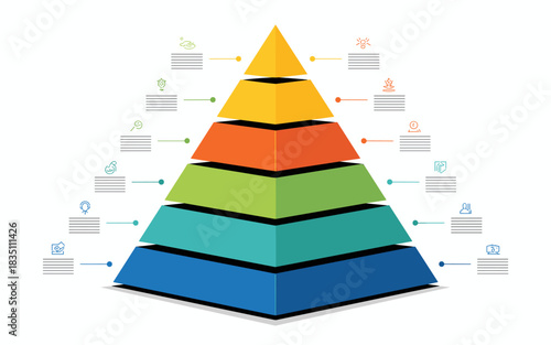A professional 3D pyramid infographic diagram visualization template displaying six colorful layered steps, stages, or development levels, perfect for strategic business presentations, education, prio
