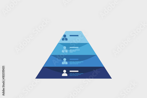 A modern, professional blue pyramid infographic vector illustrating a four-level business hierarchy structure, corporate management organization chart, and team priority visualization template for str