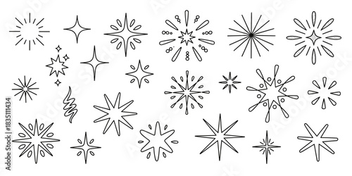 Extensive collection of diverse doodle starburst and sparkle light ray elements, perfect for modern graphic design assets, celebration icons, magic effects, and festive winter holiday decoration, feat