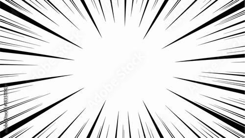 Black and white radial speed lines background graphic illustration creating a dynamic comic book and manga motion effect for high-velocity energy bursts and concentrated fast action advertising design