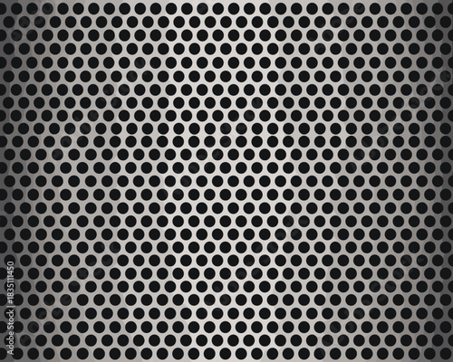 Sleek modern industrial metallic surface background texture: high-tech polished chrome perforated steel grille pattern with small black circular holes and a stylish silver gradient finish, excellent a
