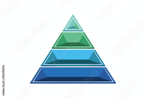 Four segmented steps pyramid structure infographic illustration displaying a hierarchical strategy diagram and successful growth process flow chart in blue and green geometric colors, perfect for corp