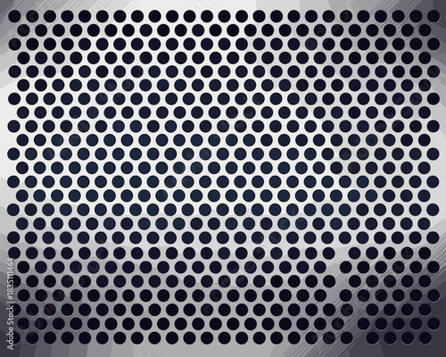 Abstract technical background texture featuring a seamless perforated metal sheet, brushed stainless steel silver surface, full of round uniform holes, perfect for modern digital wallpaper, industrial