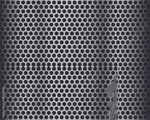 A sophisticated perforated metal background texture featuring a uniform geometric dot pattern, creating an industrial high-tech silver mesh surface detail for modern design templates, professional pre