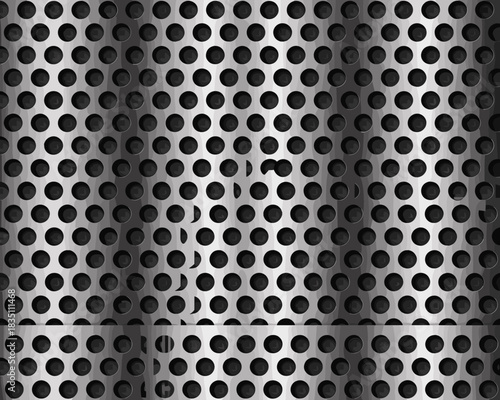High-quality silver brushed metallic texture background of perforated stainless steel sheet metal, creating an abstract industrial grille pattern, perfect for modern technology advertising and mechani