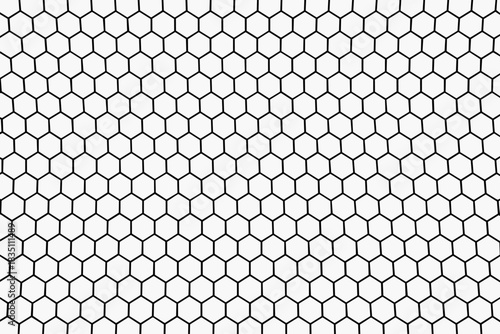 Detailed seamless repeating geometric honeycomb pattern texture background featuring uniform black hexagonal shapes on a crisp white surface, ideal for modern technology, science, data analysis, netwo