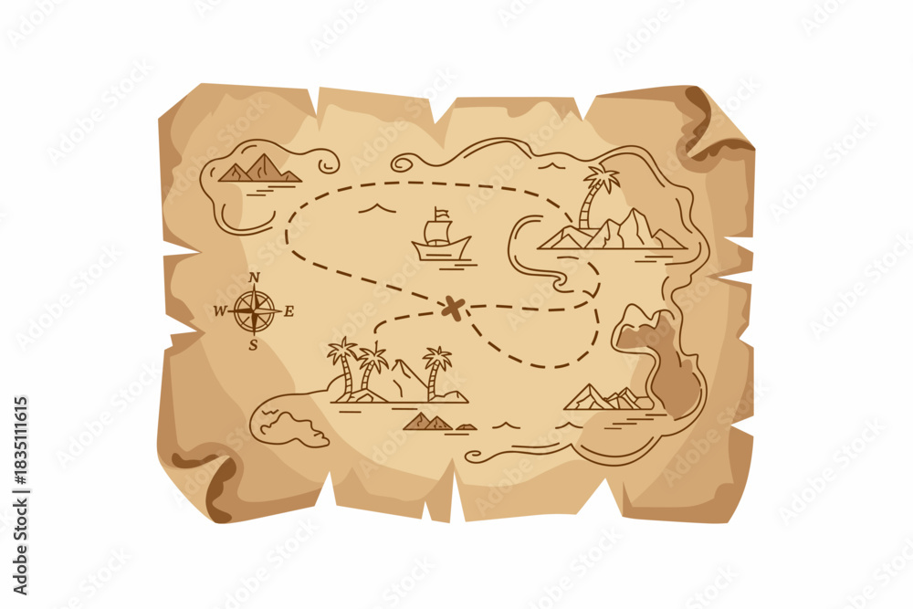 Obraz premium Detailed vintage cartoon treasure map outline illustration showing a pirate journey and ocean navigation route path. Drawn in sepia brown line art on old crumpled parchment paper, featuring tropical i