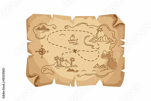Detailed vintage cartoon treasure map outline illustration showing a pirate journey and ocean navigation route path. Drawn in sepia brown line art on old crumpled parchment paper, featuring tropical i