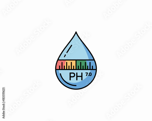 Scientific water droplet icon illustrating balanced pH measurement and quality analysis, showing the neutral 7.0 level on a colorful chemical indicator scale; clean modern flat design vector graphic f