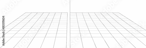 Minimalist abstract black and white perspective grid background graphic design element showing a receding geometric floor plane toward a central vanishing point, perfect for technology concepts, archi