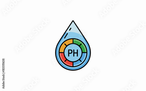 Professional vector illustration of a clear water drop containing a pH level measurement scale chart icon, symbolizing liquid purity, acidity, and alkalinity testing, used for environmental control, d