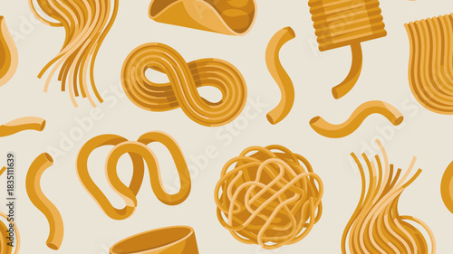 Vibrant golden yellow seamless pattern featuring diverse Italian pasta shapes, including coiled spaghetti, tubular macaroni, rigatoni, and ribbon fettuccine, set on a bright background in a modern, fl