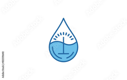 Modern professional blue water drop icon design displaying a liquid level gauge and rotating agitator blade, symbolizing scientific chemical analysis, quality control, water purification testing, and