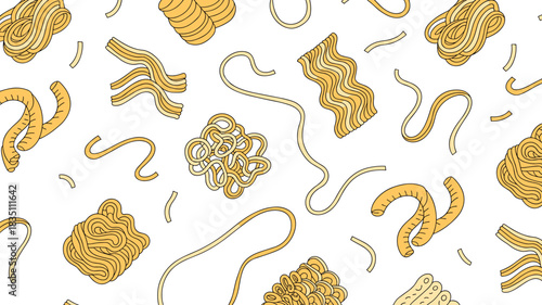 A culinary seamless pattern background featuring various types of Italian macaroni, spaghetti, tagliatelle, and Asian noodles, creating a detailed vector illustration of diverse uncooked dry pasta sha