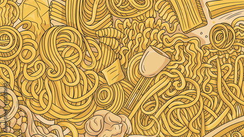 Chaotic seamless pattern of various dry Italian pasta shapes, including spaghetti, fusilli, rigatoni, and macaroni noodles, ideal for restaurant menu backgrounds, culinary marketing, food packaging te