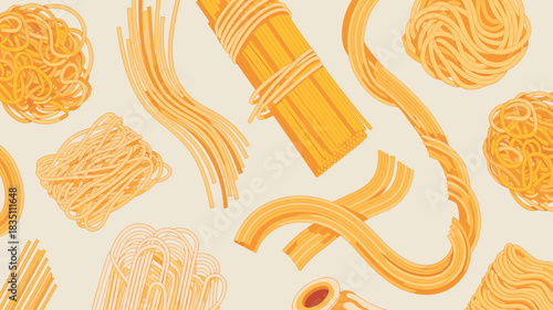 Detailed illustration of various raw dry Italian pasta and Asian noodles forming a seamless culinary ingredient food pattern on a pale beige background, showcasing uncooked spaghetti, coiled linguine