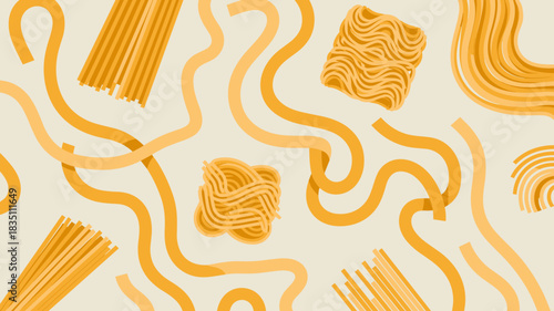 Dynamic culinary abstract pattern featuring various Italian pasta shapes and Asian noodles, including thick ribbon fettuccine, thin spaghetti, coiled knots, and wavy instant ramen, set in a modern vec