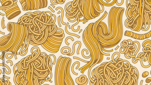 Golden seamless pattern of tangled spaghetti and coiled noodles creating an intricate Italian pasta cuisine background texture, outline vector illustration ideal for culinary marketing, food packaging