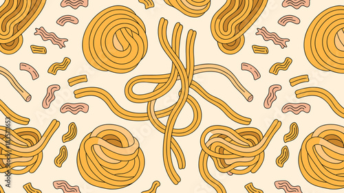 Seamless Italian pasta food pattern background illustration featuring tangled golden spaghetti noodles, coiled macaroni, and scattered small decorative meat ingredients, perfect whimsical culinary wal