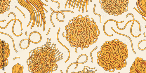 Vibrant seamless repeating pattern of diverse uncooked pasta and noodles including spaghetti, tangled ramen bundles, and straight macaroni strands, set against a cream background, perfect vector illus