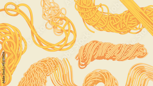 Various bundles of raw uncooked spaghetti pasta and Asian noodles illustrated as a modern graphic design element creating a seamless culinary background texture in warm yellow and orange tones for res